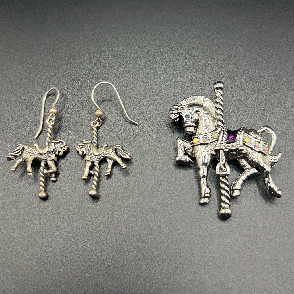 Vintage Signed Danecraft Carousel Horse Brooch Pin And Earrings Set 33$